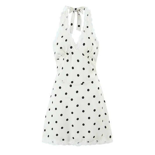 Lace Polka Dot Halter Mini Dress Backless