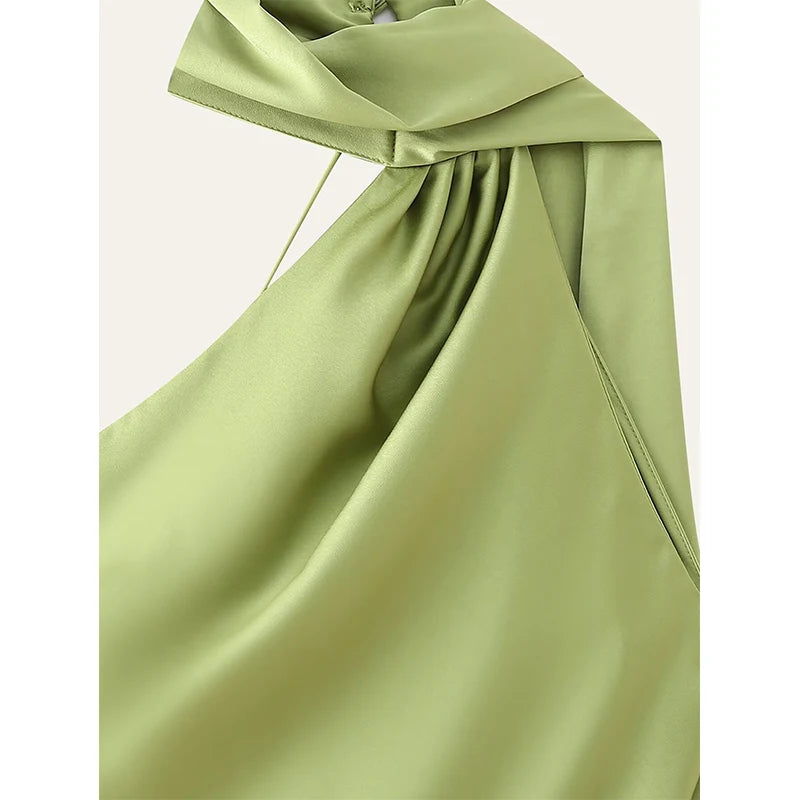 Green Satin Halter Maxi Dress Backless