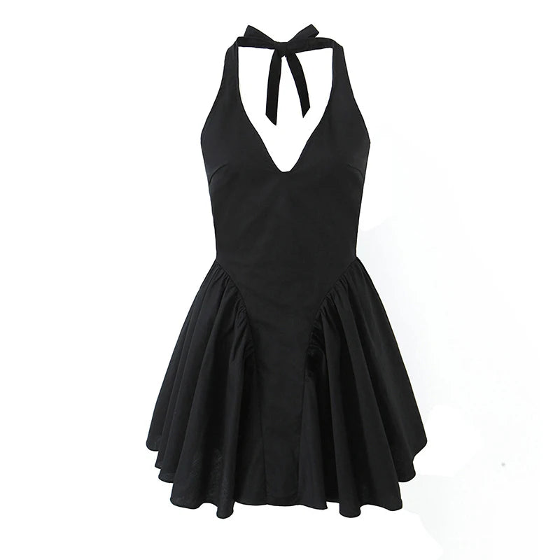 Halter Mini Dress - Backless Pleated Swing Party Short Dress