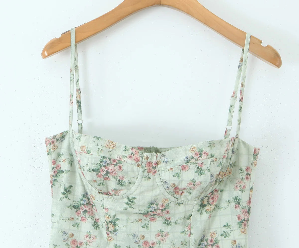 Green Floral Midi Dress Spaghetti Strap Low Waist