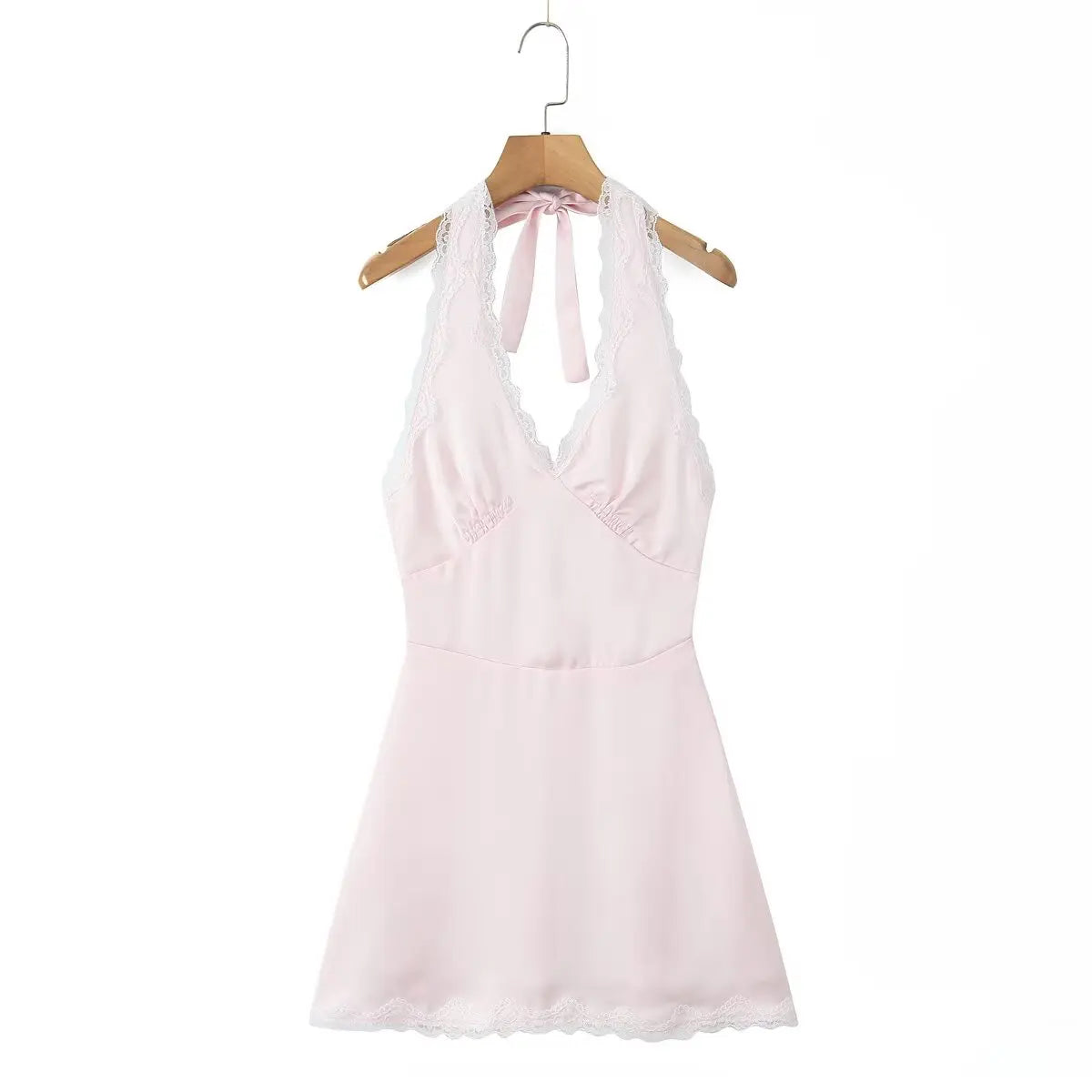 Lace Polka Dot Halter Mini Dress Backless