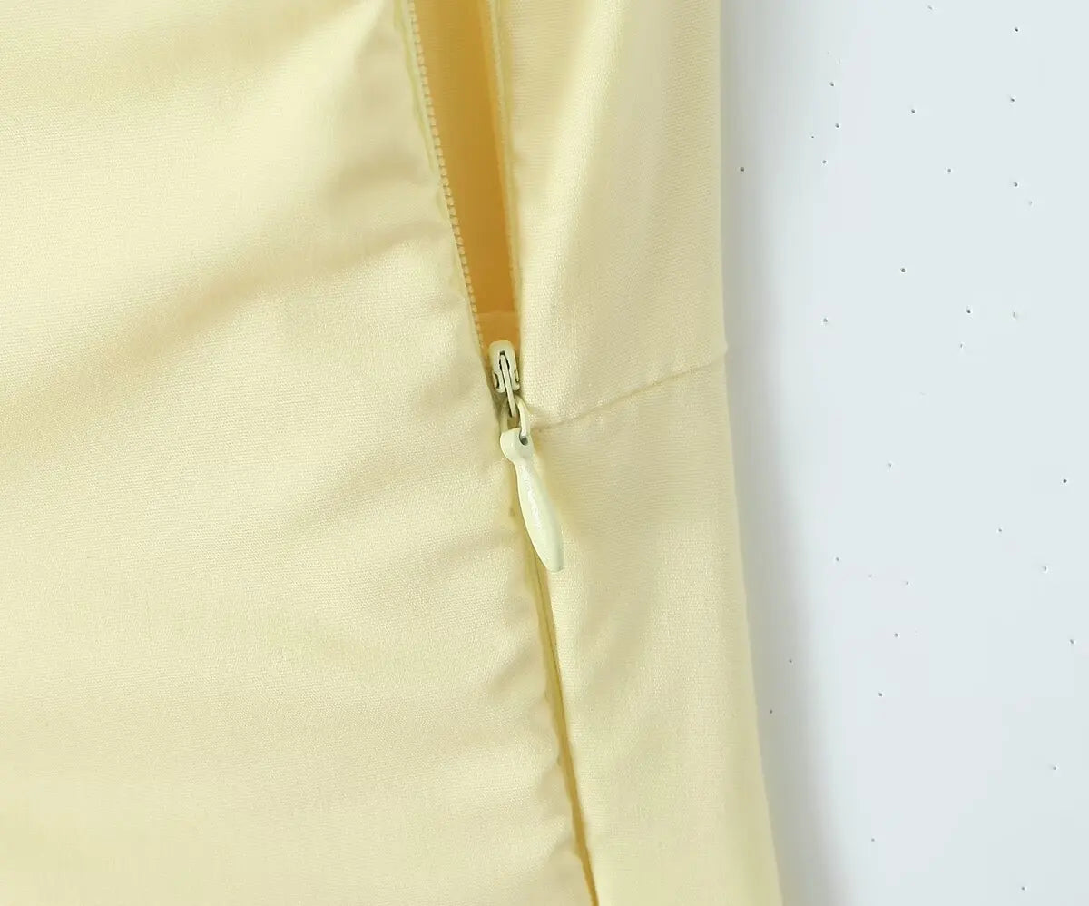 Fishbone Waist Yellow Mini Dress Lace-Up Back