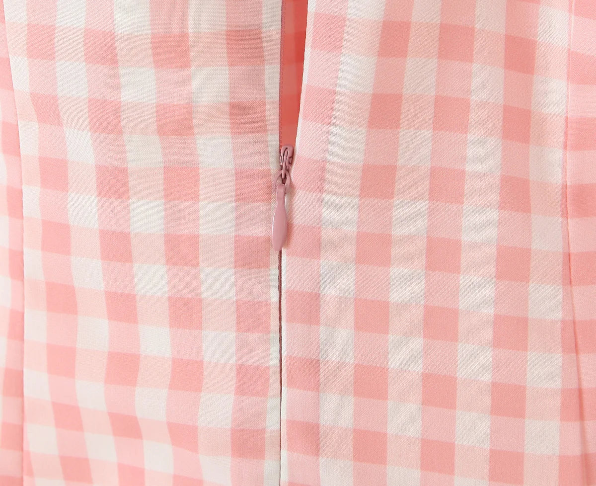 Pink Plaid Halter Dress Backless Low Waist