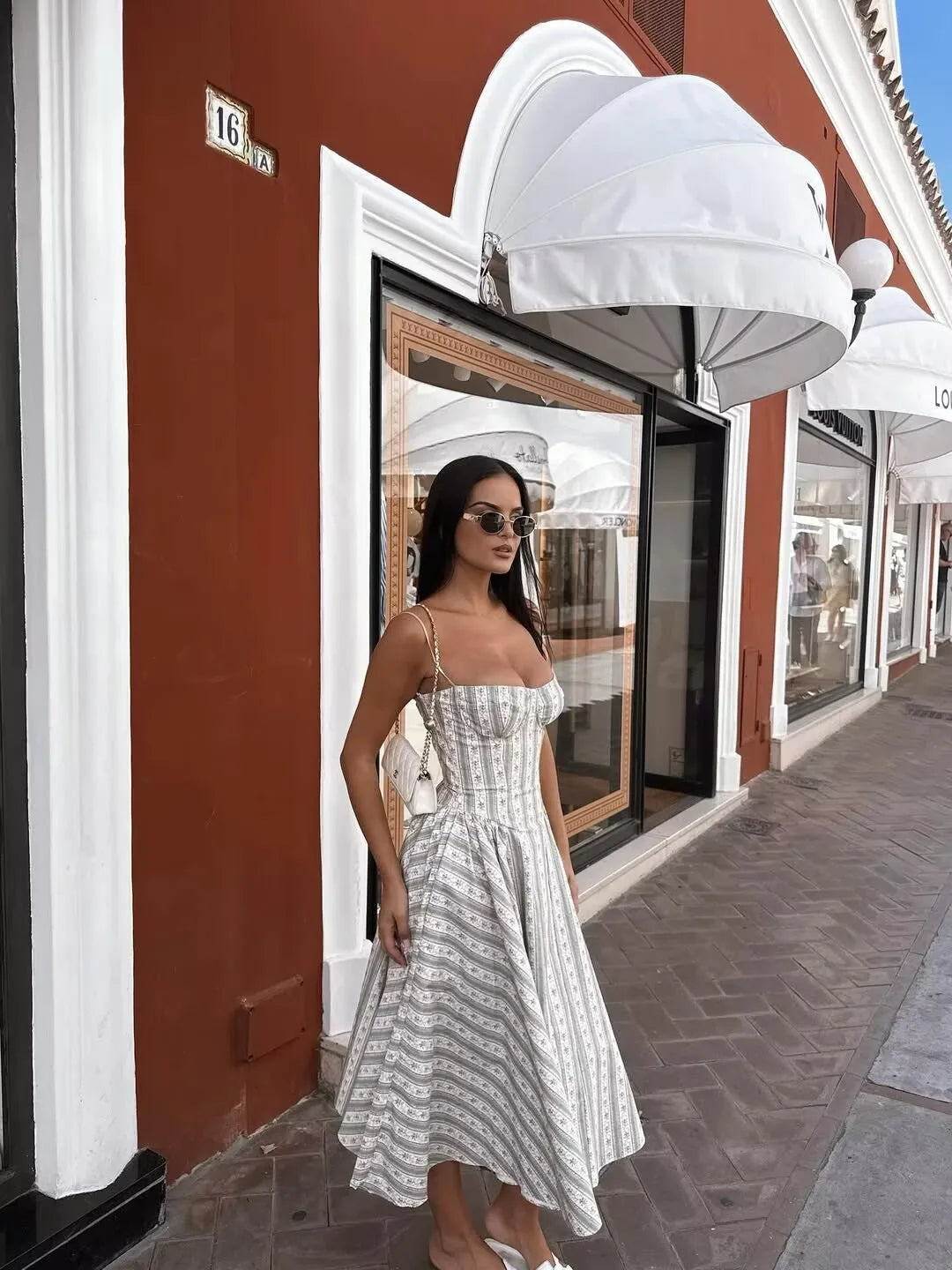 Green Striped Floral Midi Dress Spaghetti Strap