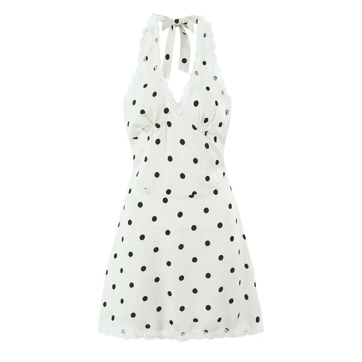 Lace Polka Dot Halter Mini Dress Backless