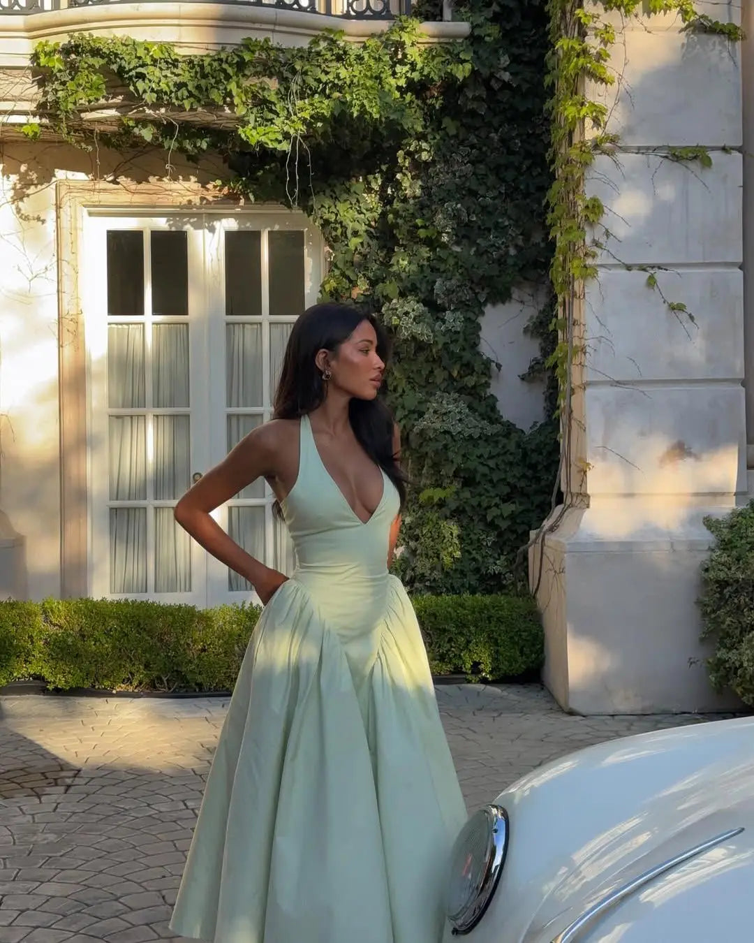 Green Halter Midi Dress Backless Low Waist