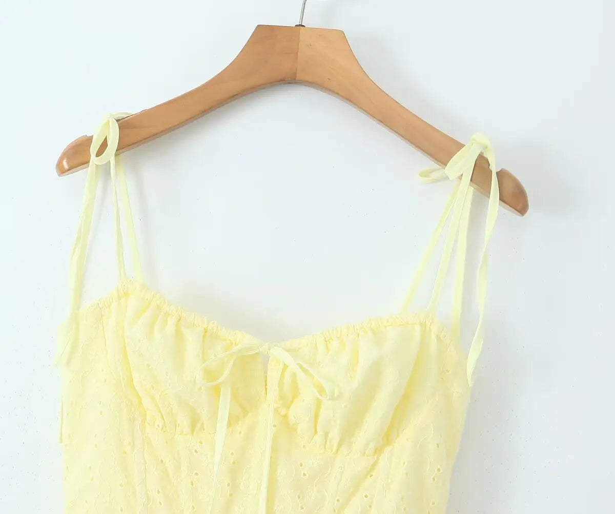 Yellow Embroidered Mini Dress Lace-Up Low Waist