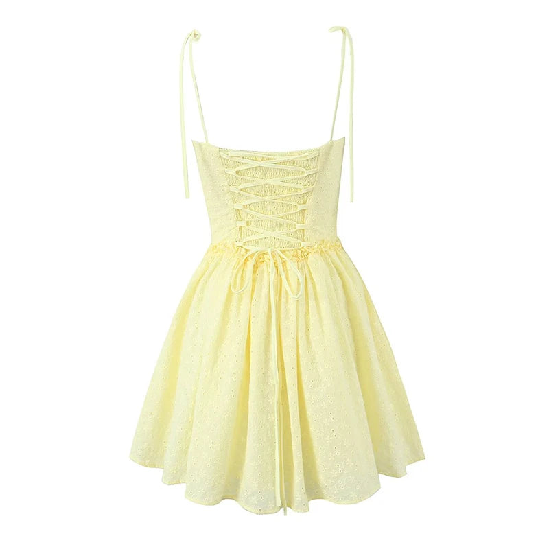 Yellow Embroidered Mini Dress Lace-Up Low Waist