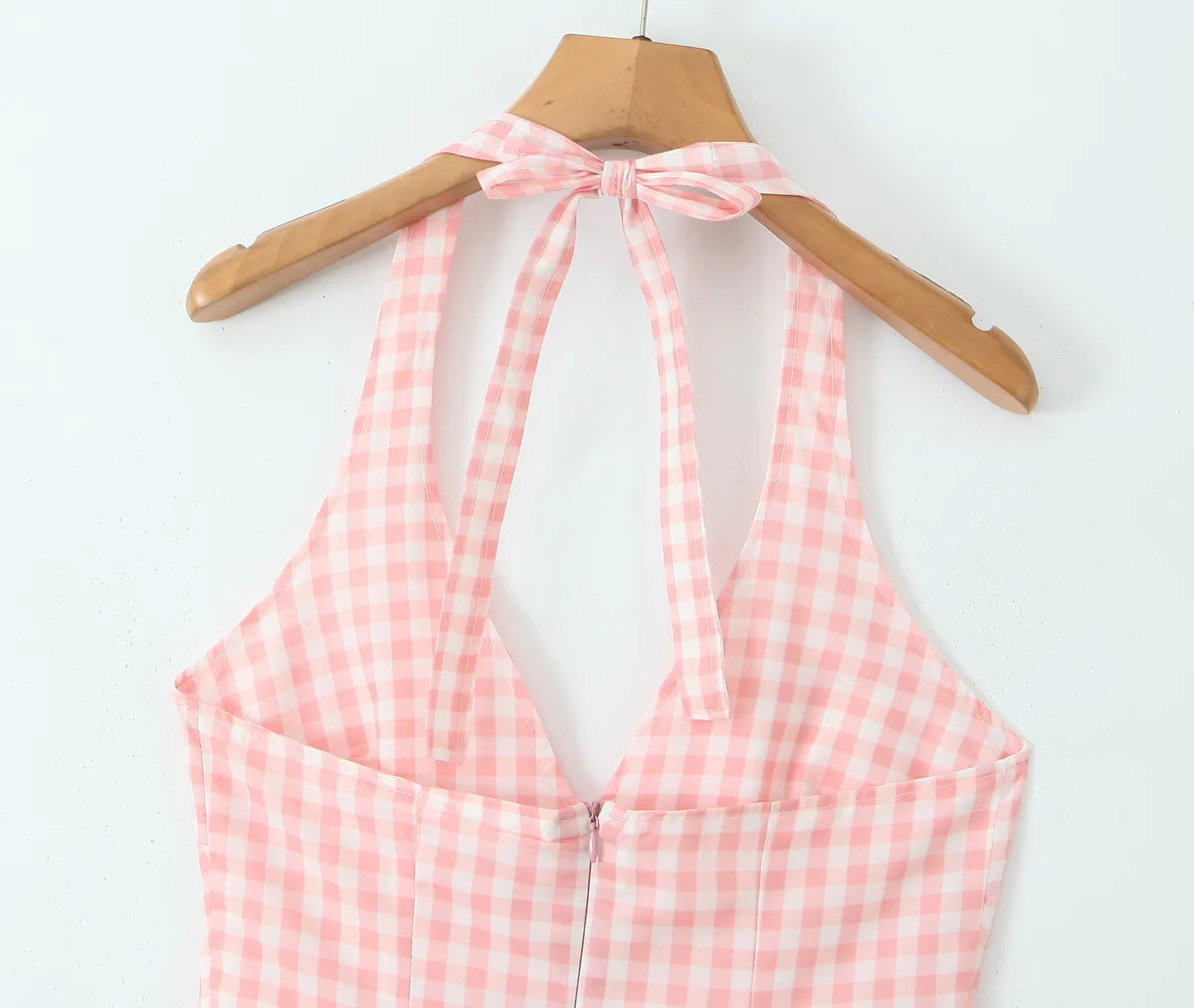 Pink Plaid Halter Dress Backless Low Waist