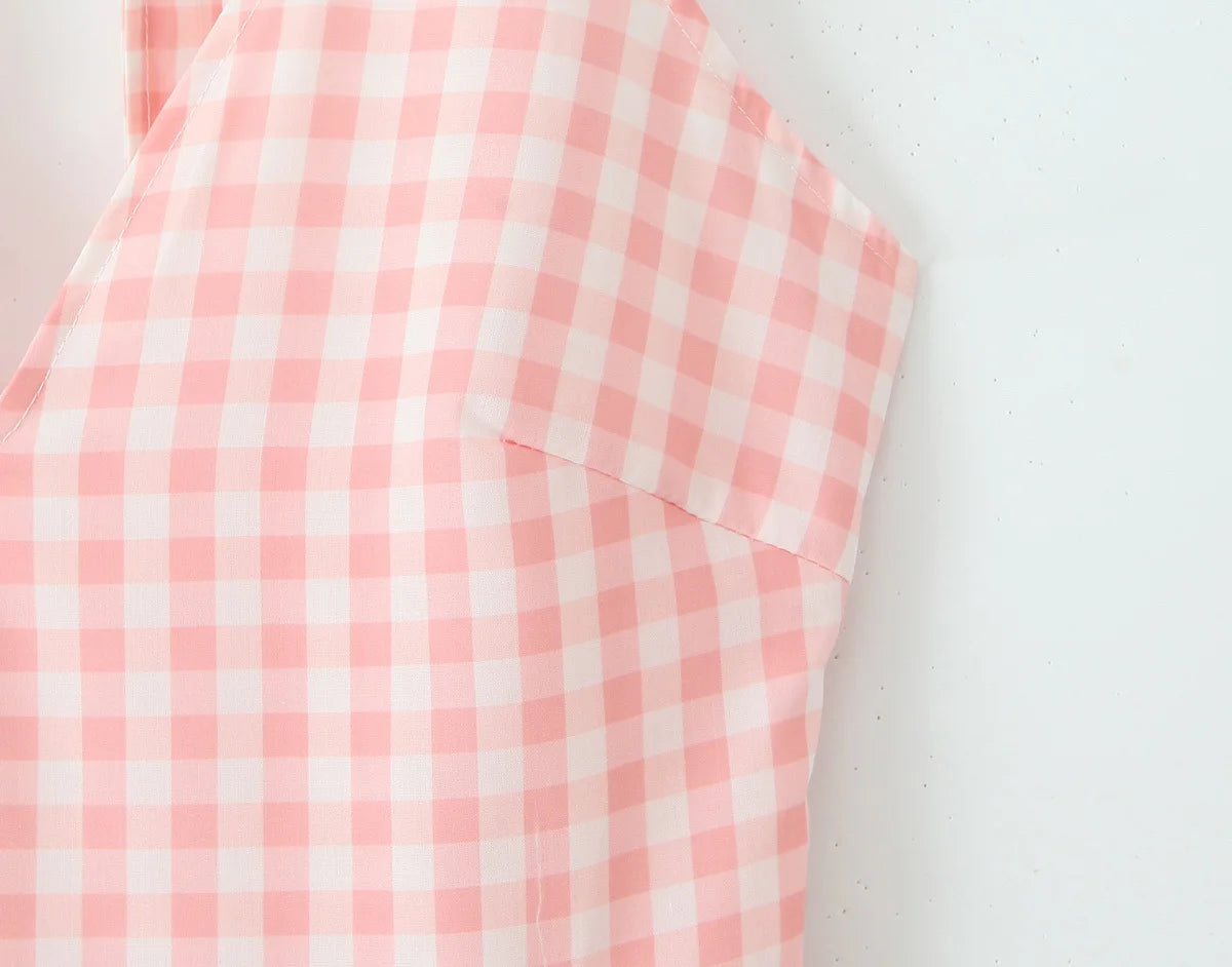 Pink Plaid Halter Dress Backless Low Waist