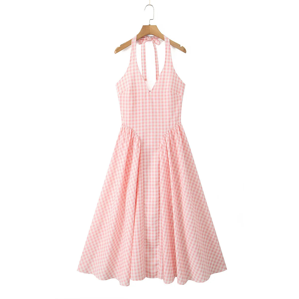 Pink Plaid Halter Dress Backless Low Waist