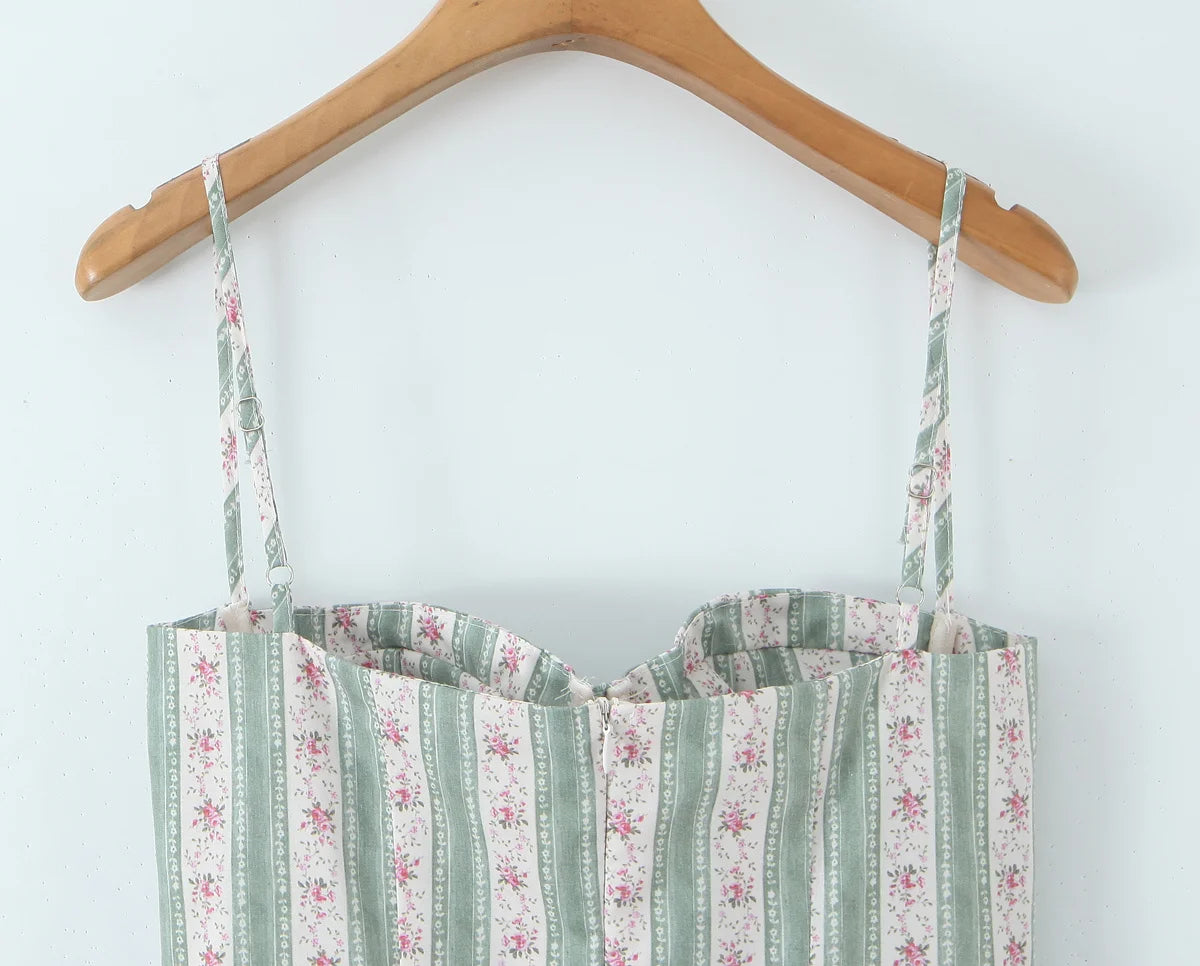 Green Striped Floral Midi Dress Spaghetti Strap