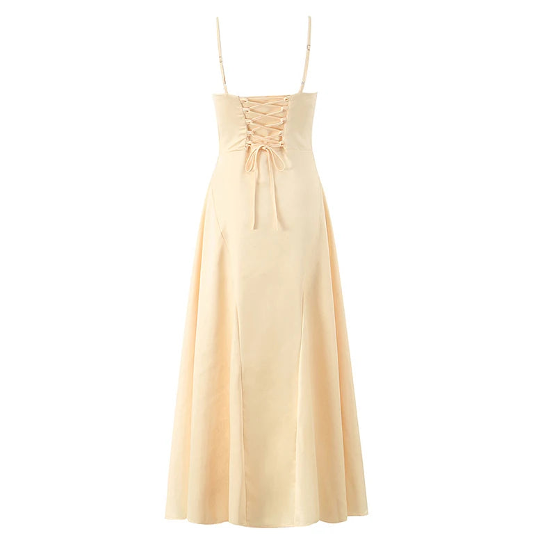 Satin Maxi Dress - V-Neck Spaghetti Strap Evening Dress