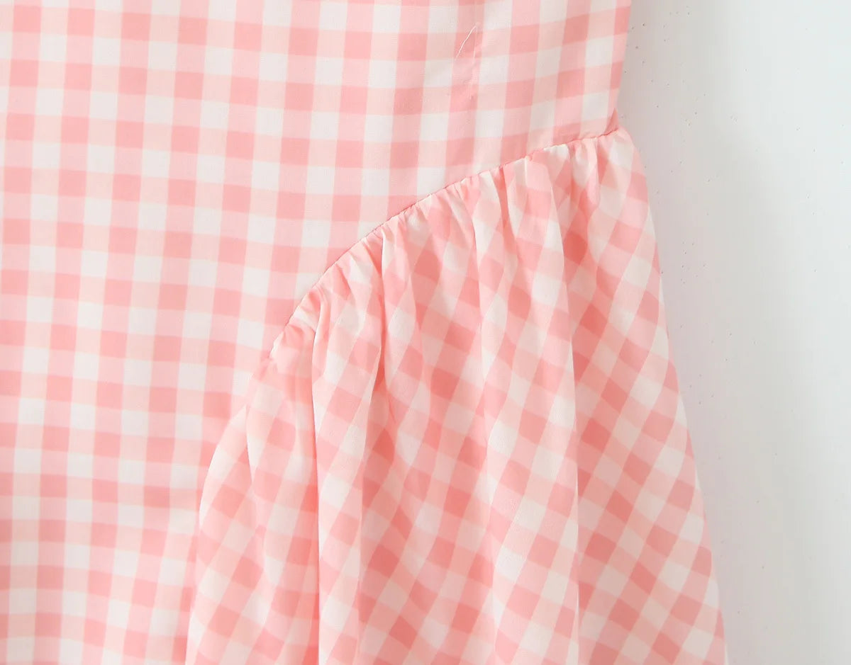 Pink Plaid Halter Dress Backless Low Waist