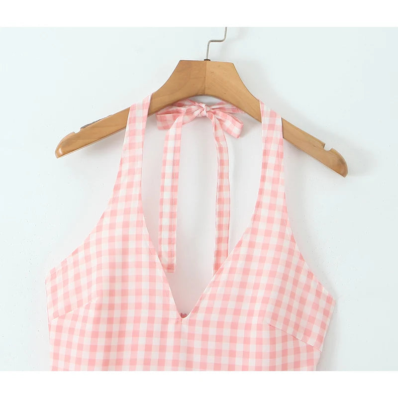 Pink Plaid Halter Dress Backless Low Waist