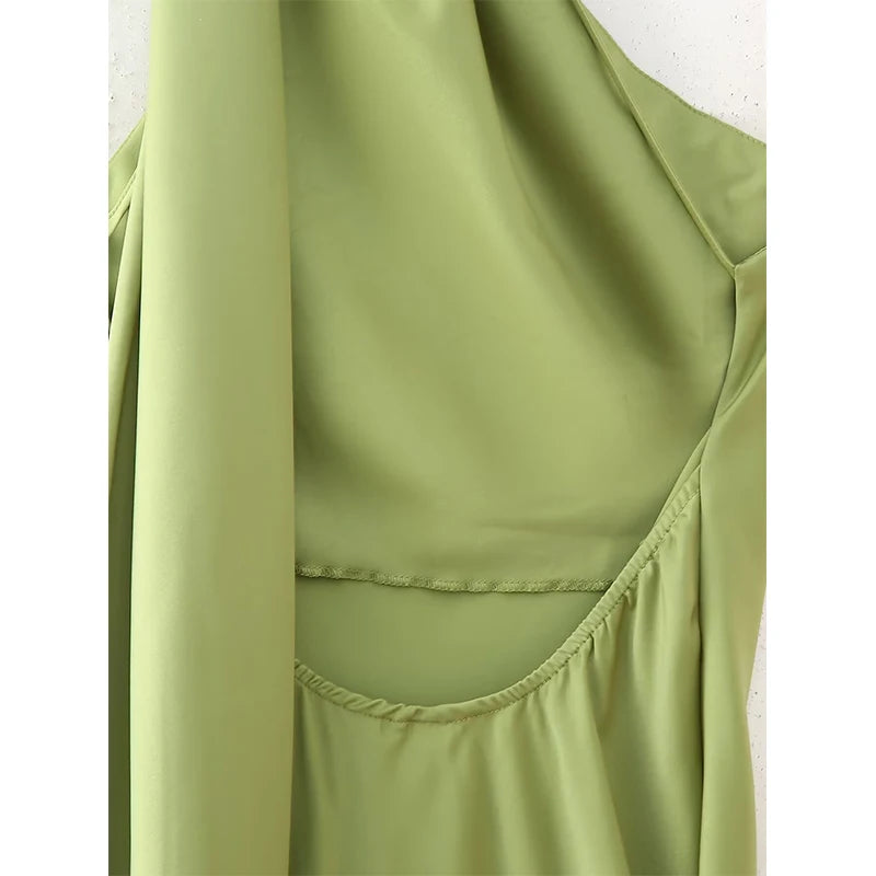 Green Satin Halter Maxi Dress Backless