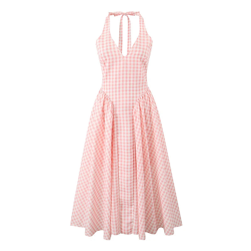 Pink Plaid Halter Dress Backless Low Waist