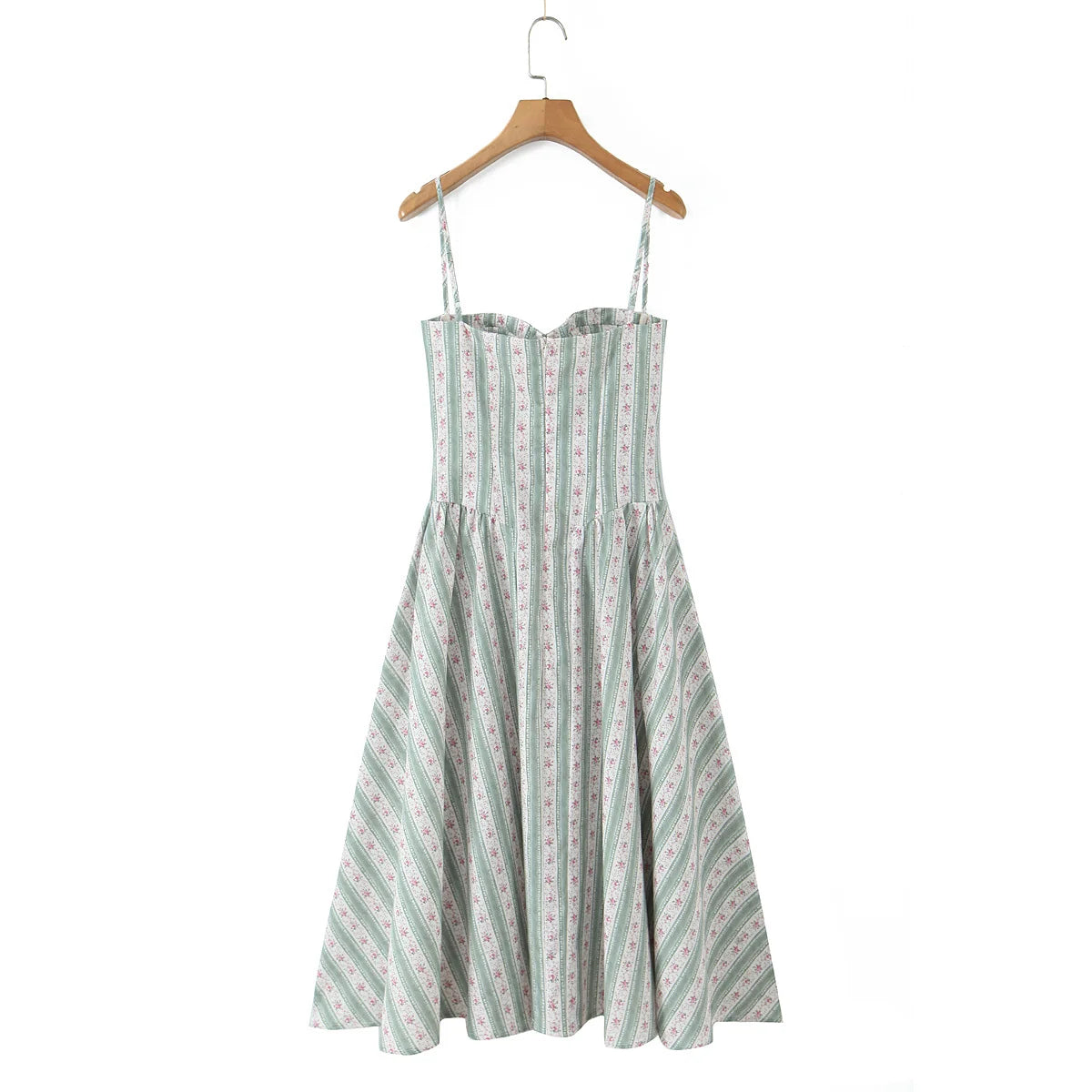 Green Striped Floral Midi Dress Spaghetti Strap