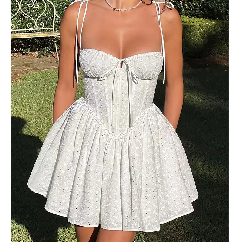 Yellow Embroidered Mini Dress Lace-Up Low Waist