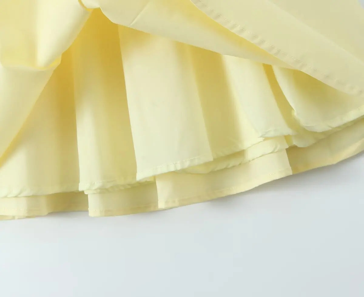 Fishbone Waist Yellow Mini Dress Lace-Up Back