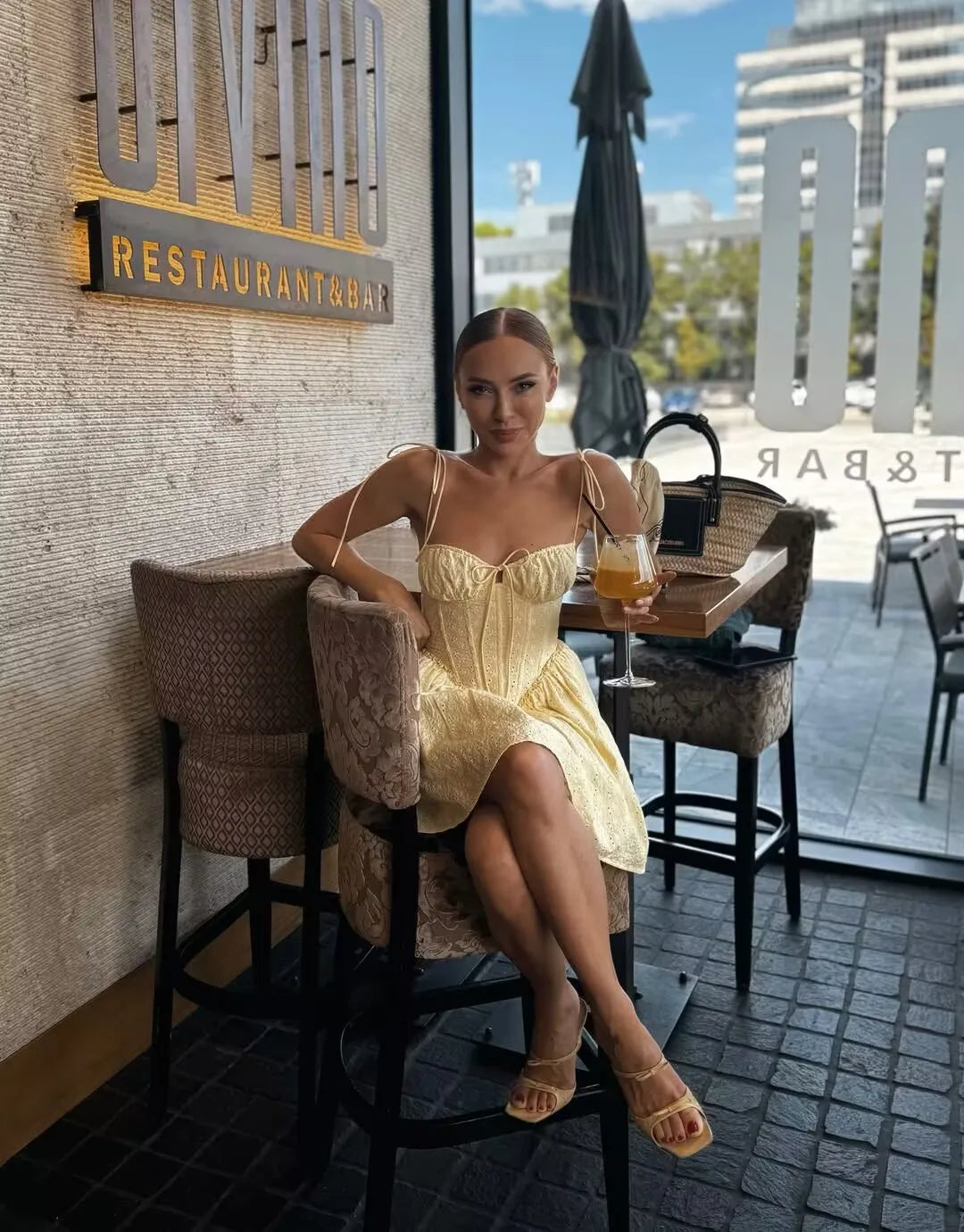Yellow Embroidered Mini Dress Lace-Up Low Waist