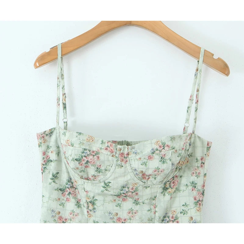 Green Floral Midi Dress Spaghetti Strap Low Waist