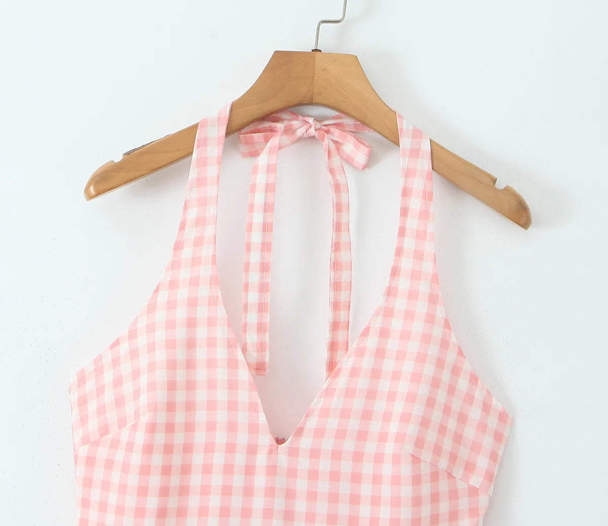 Pink Plaid Halter Dress Backless Low Waist