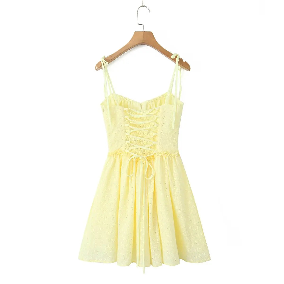 Yellow Embroidered Mini Dress Lace-Up Low Waist