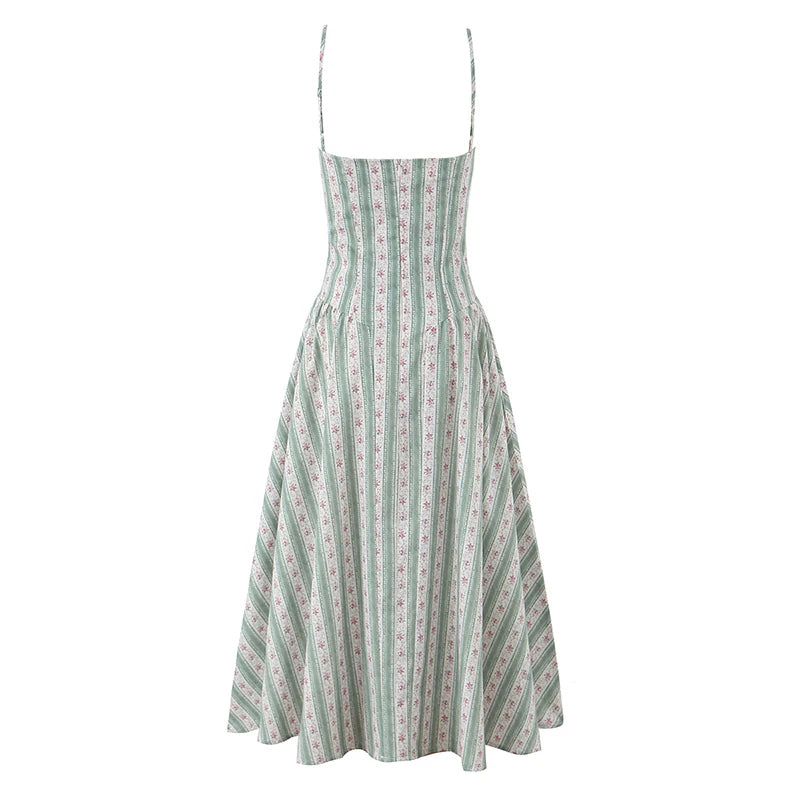Green Striped Floral Midi Dress Spaghetti Strap