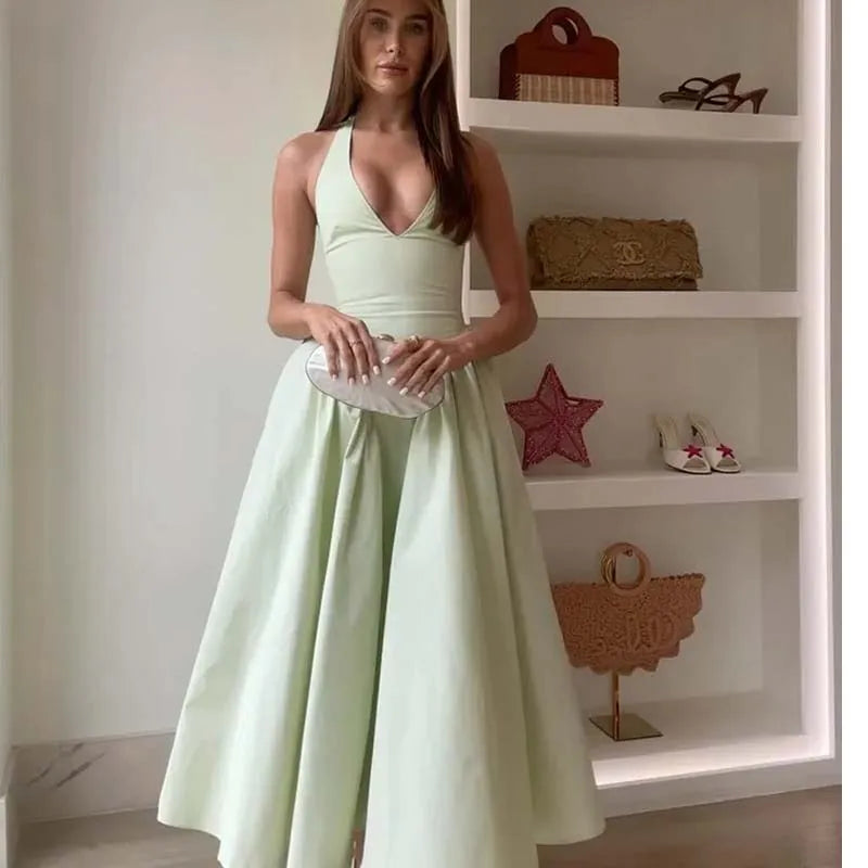 Green Halter Midi Dress Backless Low Waist