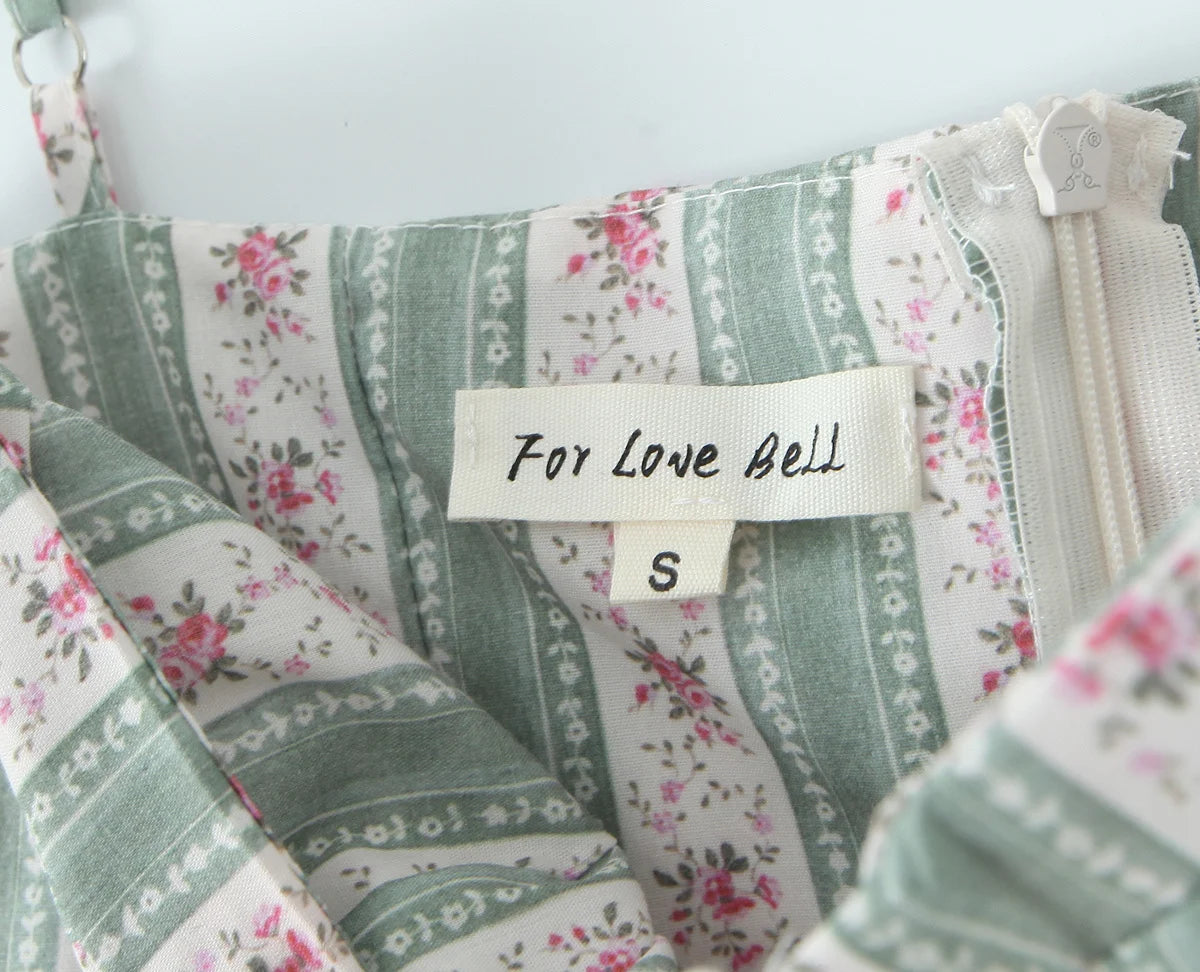 Green Striped Floral Midi Dress Spaghetti Strap