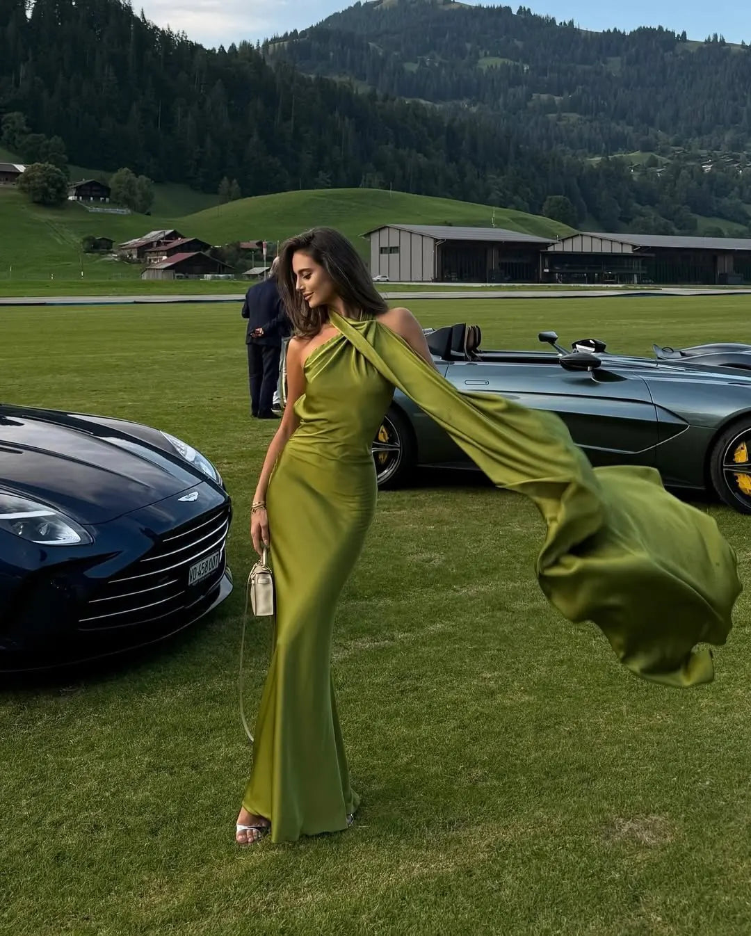 Green Satin Halter Maxi Dress Backless