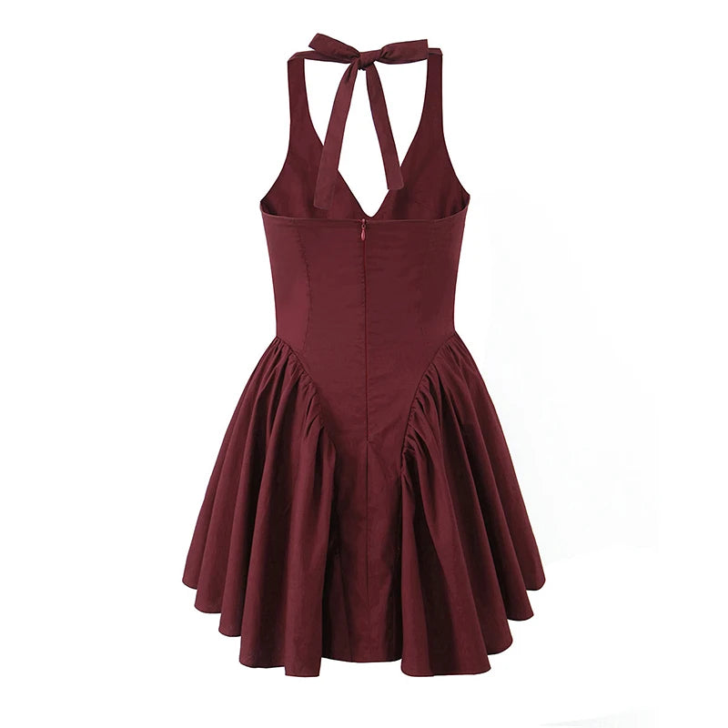 Halter Mini Dress - Backless Pleated Swing Party Short Dress