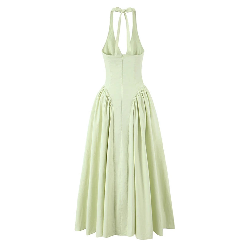 Green Halter Midi Dress Backless Low Waist
