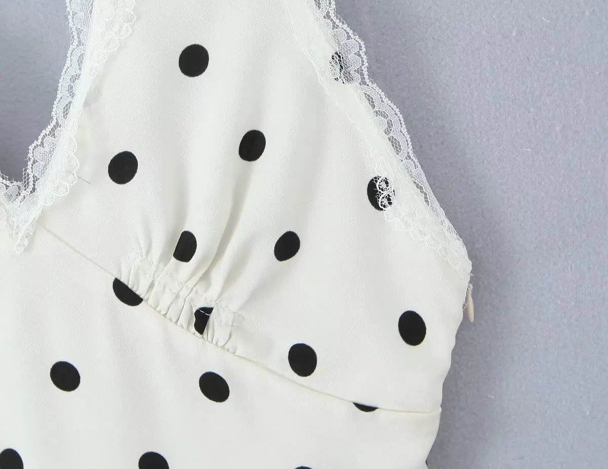 Lace Polka Dot Halter Mini Dress Backless