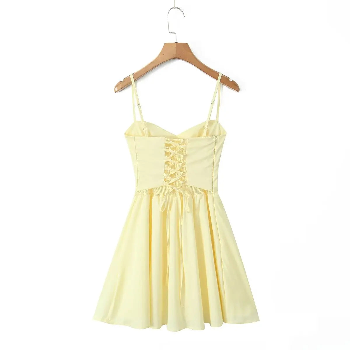 Fishbone Waist Yellow Mini Dress Lace-Up Back