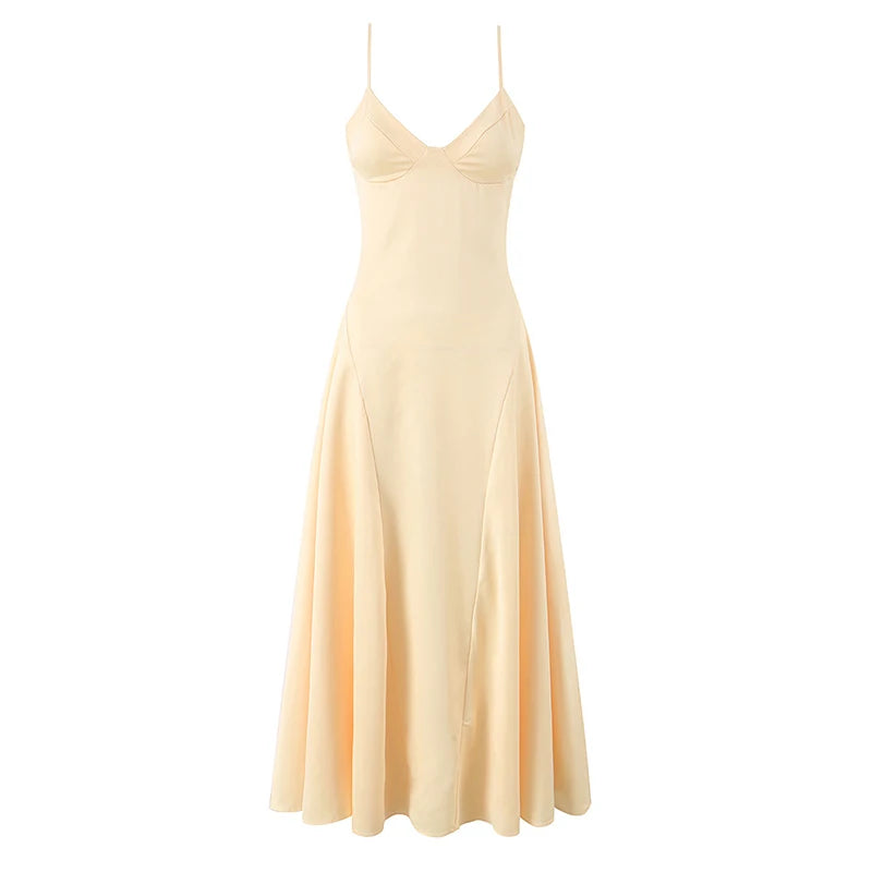 Satin Maxi Dress - V-Neck Spaghetti Strap Evening Dress
