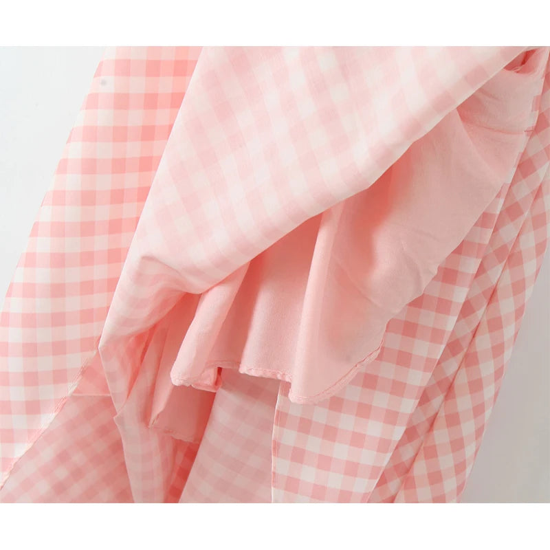 Pink Plaid Halter Dress Backless Low Waist