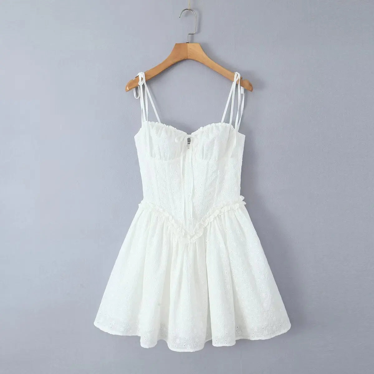 Yellow Embroidered Mini Dress Lace-Up Low Waist