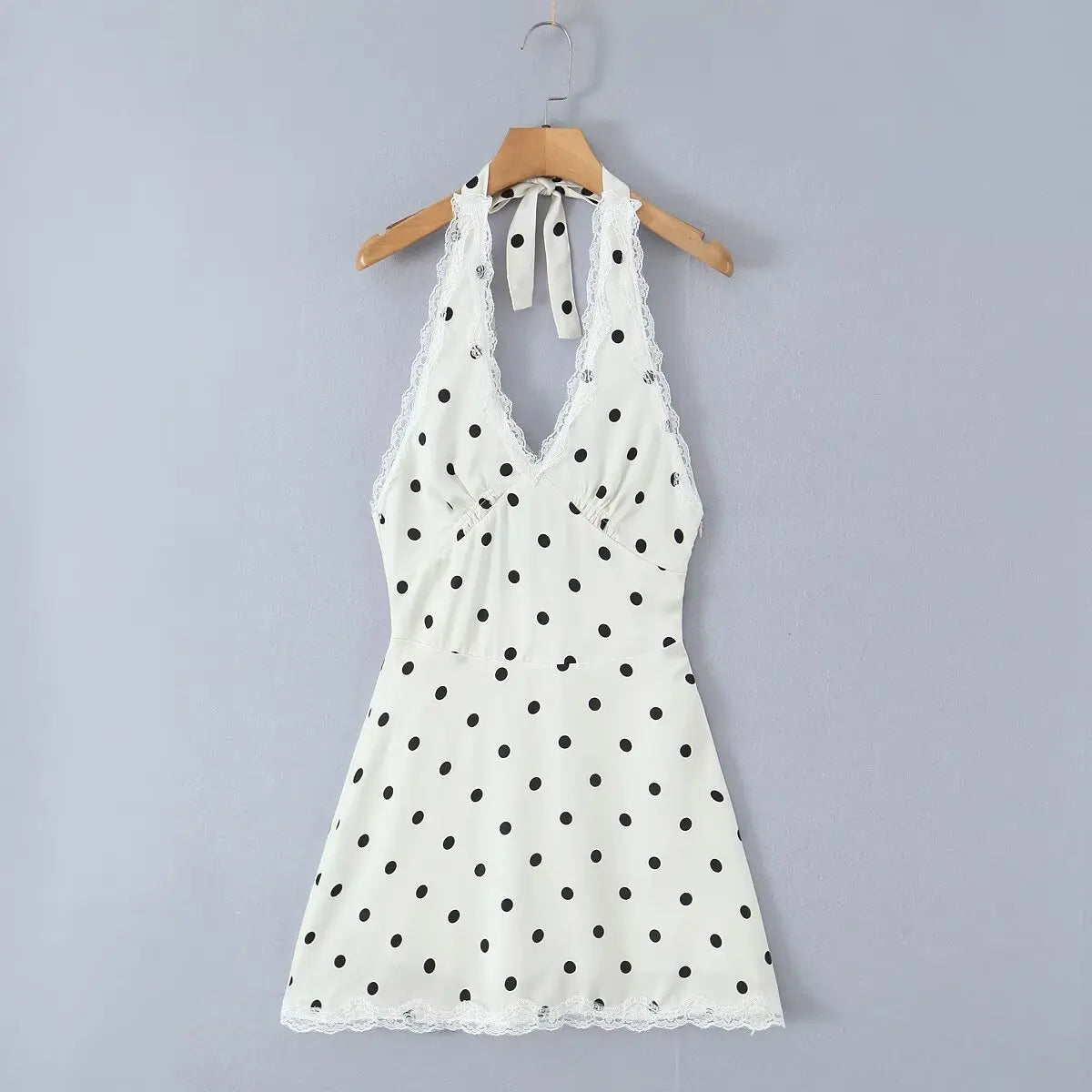 Lace Polka Dot Halter Mini Dress Backless