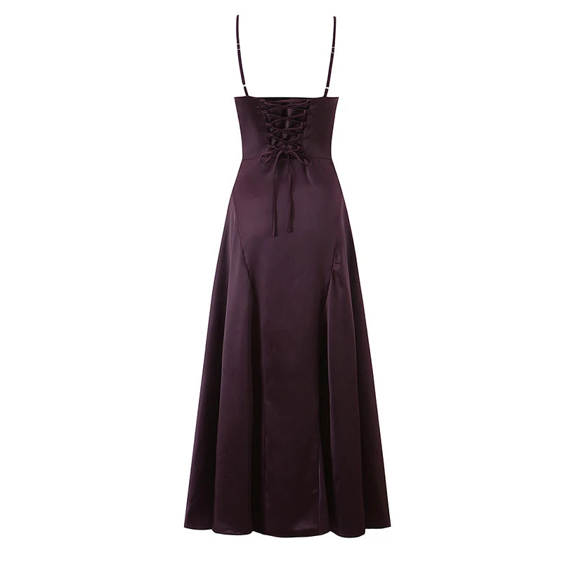 Satin Maxi Dress - V-Neck Spaghetti Strap Evening Dress