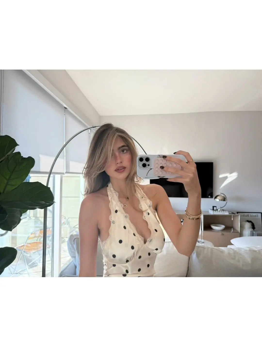 Lace Polka Dot Halter Mini Dress Backless