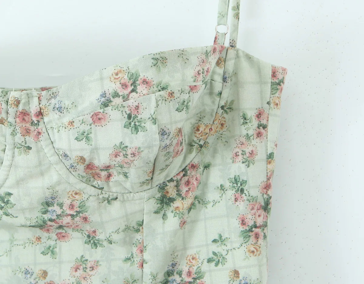 Green Floral Midi Dress Spaghetti Strap Low Waist