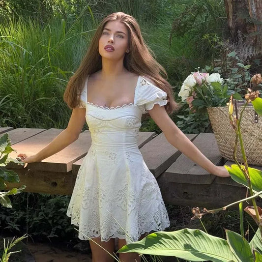 Embroidered White Mini Dress Puff Sleeve Floral