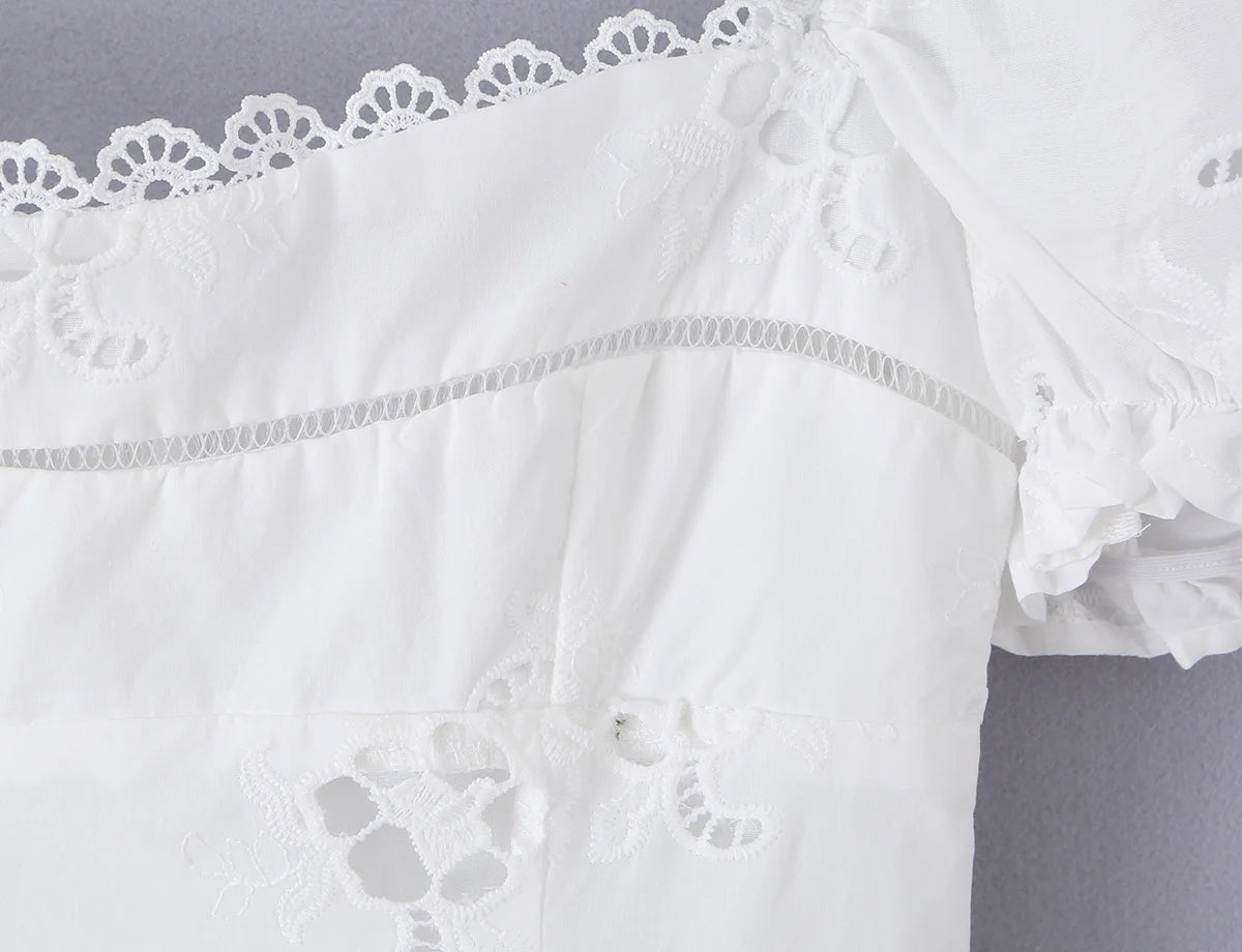 Embroidered White Mini Dress Puff Sleeve Floral