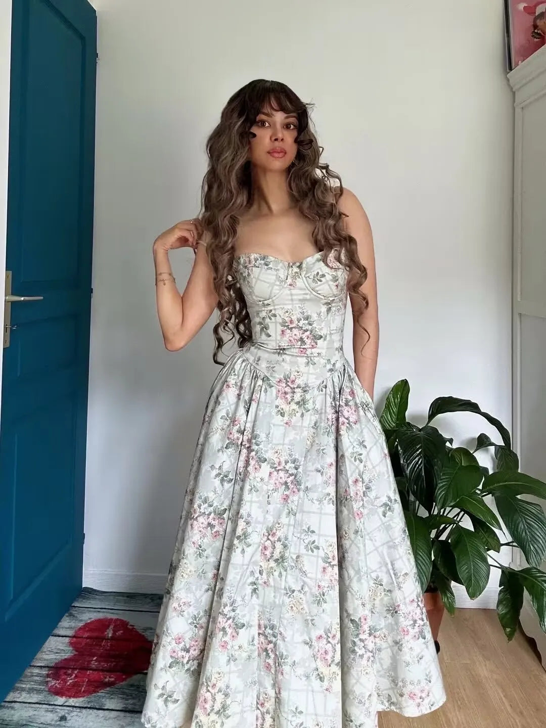 Green Floral Midi Dress Spaghetti Strap Low Waist