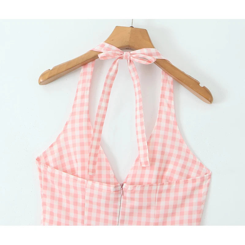 Pink Plaid Halter Dress Backless Low Waist
