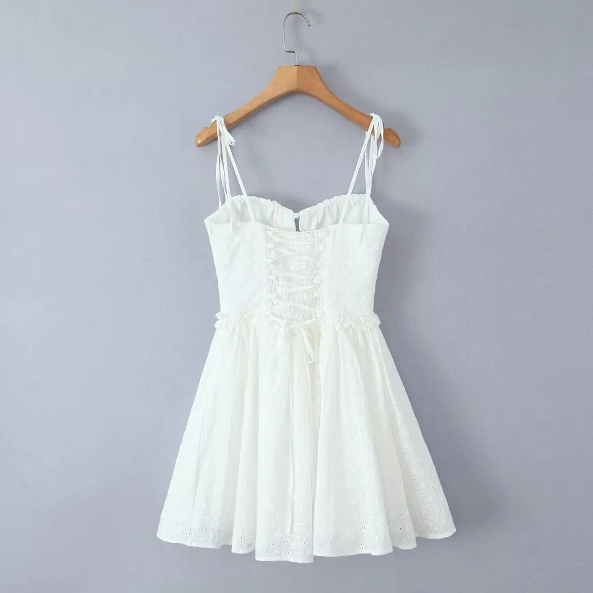 Yellow Embroidered Mini Dress Lace-Up Low Waist