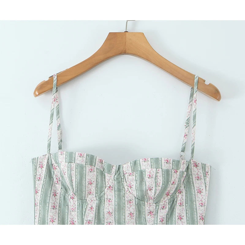 Green Striped Floral Midi Dress Spaghetti Strap