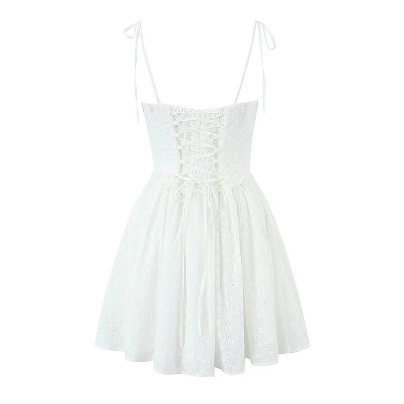 Yellow Embroidered Mini Dress Lace-Up Low Waist